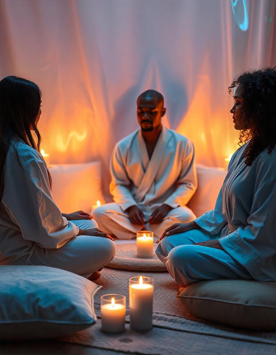 Group meditating on pillows with candles in small meditation studio